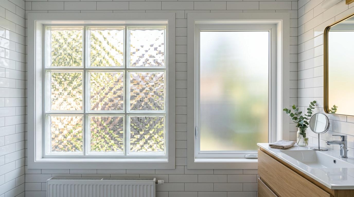 Side-by-side comparison of a glass block privacy window and a frosted glass window in a bright modern bathroom, showing how each diffuses natural light differently